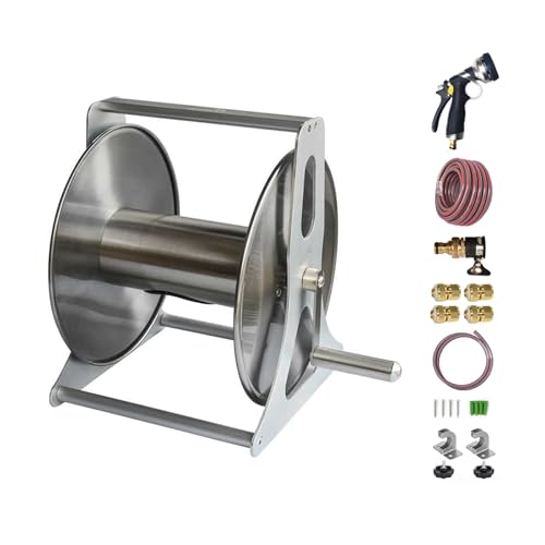 HBOOMOEM Stainless Steel Metal Water Pipe Storage Rack Frame，Portable Wall/Floor Mounted Metal Water Hose Reel，Suitable for Yards, Lawns, Farms, and Terraces.(B,39.5 * 26 * 37CM_40M)