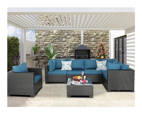HTERWQEA 7‑Piece Wicker Patio Furniture Set Outdoor Couch Sectional Conversation Set with Glass Coffee Table and Cushions, All Weather Rattan Patio Furniture for Garden Poolside Backyard Porch