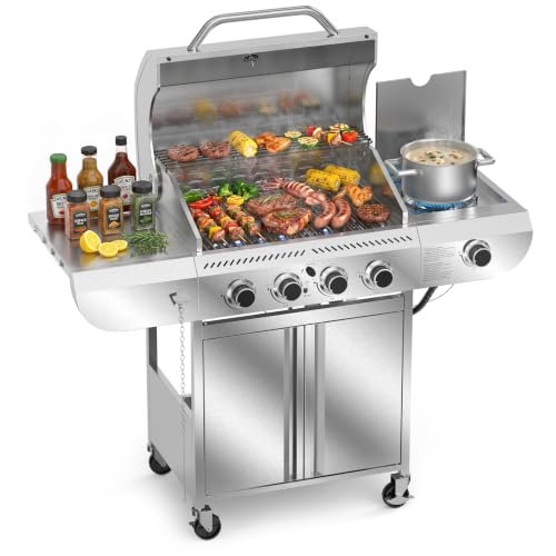 Electactic Stainless Steel 4-Burner Gas Grill with Side Burner – 42000BTU Propane BBQ Grill with Thermometer, Heavy-Duty Grill for Outdoor Patio and Backyard Cooking
