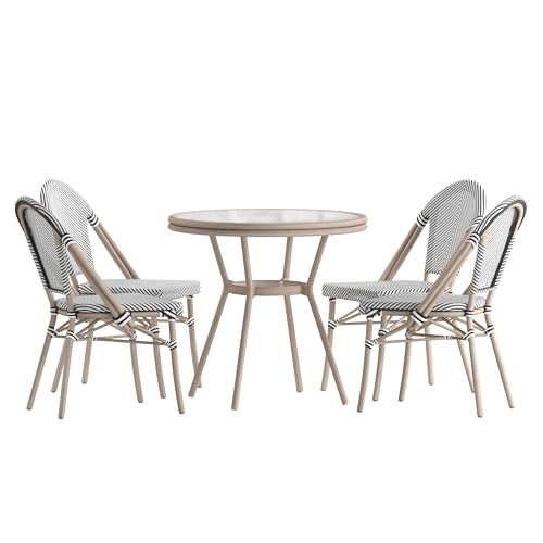 EMMA + OLIVER Massalia Indoor/Outdoor Bistro Set - Black & White Textilene with Light Natural Frame