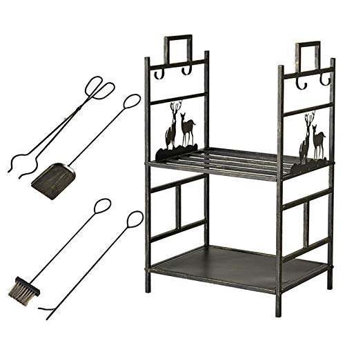 GFAZXDS Bronze Elk Fireplace Log Wood Rack 20 X13x30 Inch with 4 Pcs Tools,Wrought Iron 2 Tier Heavy Duty Firewood Holders for Indoor/Outdoor/Stove
