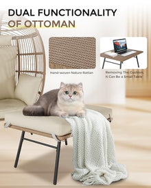 GarveeLife Oversize Wicker Egg Chair with Ottoman, Egg Basket Lounge Chair with Thick Cushion, Comfy Egg Rattan Seat for Indoor Outdoor Patio Porch Backyard, Beige