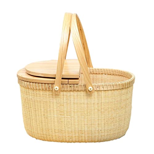 ZYBB Picnic Basket Easter Basket with Double Folding Handles Solid Wood Lid and Bottom Rattan Basket Grocery Basket 15X11x16 Inch(Color:Beige)