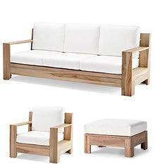 TeakStation Grade-A Teak Wood Canberra 6 Pc Sofa Set - 1 Sofa (3 Seater), 2 Lounge Chairs, 1 Ottoman, 1 Coffee Table & 1 Side Table (Furniture only) #32CN6