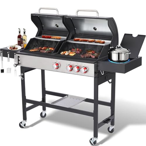Charcoal Grill and Propane Gas Grill Combo with Side Burner & Porcelain-Enameled Cast Iron Grate, Dual Fuel BBQ Grill with Easy-Clean System for Outdoor Events & Backyard Barbecue