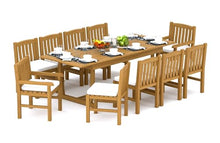 TeakStation 10 Seater Grade-A Teak Wood 11 Pc Dining Set: 94" Double Extension Mas Rectangle Trestle Leg Table and 10 Devon Chairs (2 Arm & 8 Armless Chairs) #31DV2102