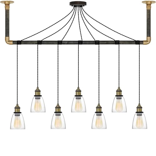 Black and Antique Brass Glass Shade Pendant Light Wrap with Ebony Wood and Brass Hanging Bracket - 7 Pendants