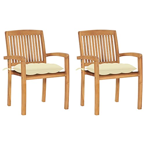 RJPLMFV Patio Chairs 2 pcs with Cream White Cushions Solid Teak Wood Outdoor Chairs Balcony Chair Deck Chairs for Gardens, courtyards