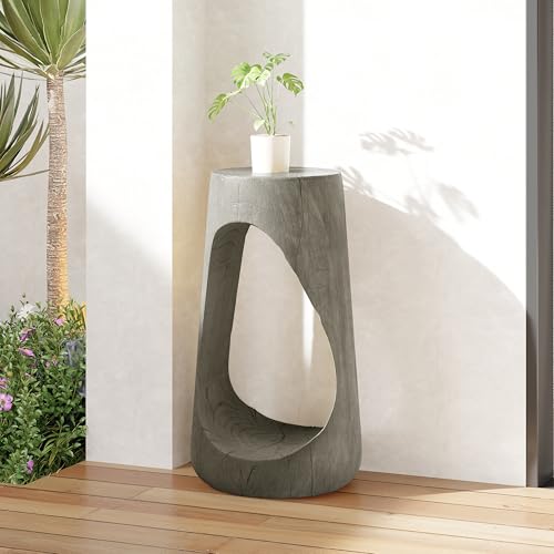 OROTLECT Hollow Tree Stump Accent Side Table, MgO Faux Wood Concrete End Table No Assembly Wabi Sabi Plant Stand Stool Indoor Covered Outdoor Gray