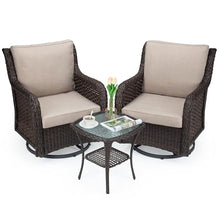 TrailBlaze 360° Swivel Wicker Patio Glider Rocking Chair Set – 3-Piece Outdoor Bistro Furniture with Thick Cushions, Armored Glass Side Table, All-Weather Comfort for Porch, Deck, Balcony – Apricot