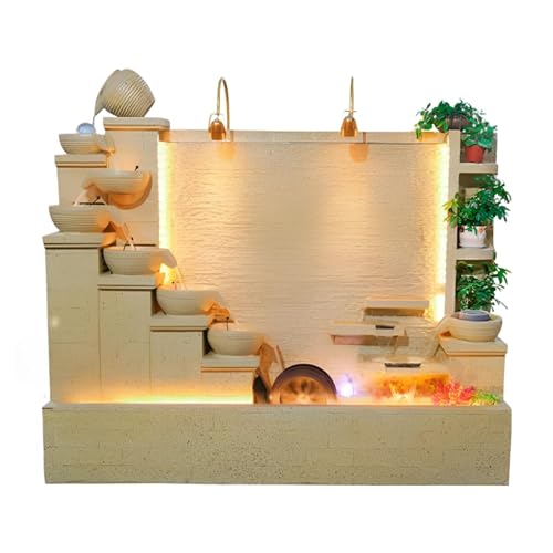 5.8 ft Luxury Elegant Faux Rock Fountain – Vintage Style Garden Home Villa Decor with LED Lights, Waterfall, Crystal Turning Beads, Relief Art for Gift or Decoration(Beige+178 * 40 * 160CM+Left)