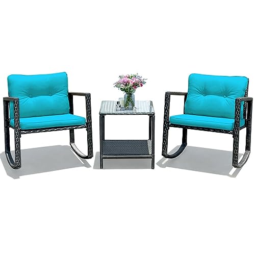 DUYHBAWRS 3PCS Patio Rattan Furniture Set Rocking Chairs Cushioned Conversation Set