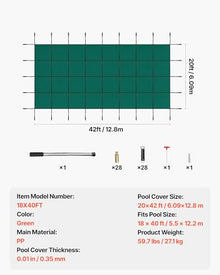 VEVOR Inground Pool Safety Cover, 18 ft x 40 ft Rectangular Winter Pool Cover, Triple Stitched, High Strength Mesh PP Material with Good Rain Permeability, Installation Hardware Included, Green