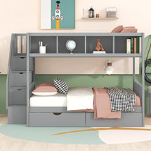 BOVZA Twin Over Full Bunk Bed with Storage Shelves, Drawers & Staircase Grey