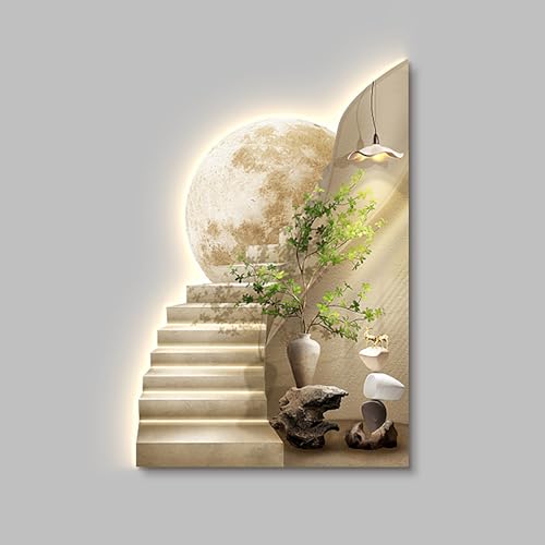 FILWY 3D Wall Art Decor with LED Light, Large Landscape Painting for Living Room, Bedroom, Corridor & Entrance, Vertical Design, 27.61x55.1in (Khaki 27.6x39.4in)