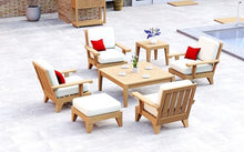 WholesaleTeak Teak Wood 7 Pc Lounge Chair Set: 4 Lounge Chairs, Ottoman, Square Coffee Table & Side Table with Cushions in Outdoor Fabric #5404 Canvas Natural