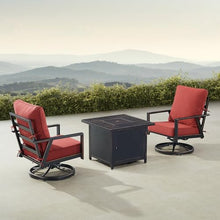 Oakland Living Black Aluminum Patio Fire Table Bistro Set with Two Club Chairs with Red Cushions
