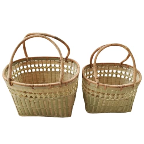 FENOKD Picnic Basket Set of 2 Sizes Bamboo Woven Basket Portable Outdoor Camping Picnic Handheld Basket Basket with Handle for Grocery Shopping Outdoor Camping，