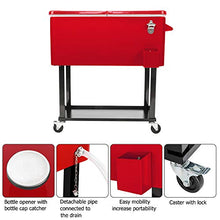 80 Quart Rolling Cooler Cart on Wheels Portable Ice Chest Bar Drink Cooler Outdoor Cold Drink Beverage Cart with Shelf, Bottle Opener, Water Pipe and Cover, for Backyard Patio Deck Party (Red)