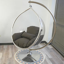 SK CHUMRA Hanging Chair - Transparent Acrylic Bubble, Waterdrop Shape, Indoor Swing Chair with Gold/Chrome Stand, Durable Fabric Cushion - Luxury Accent for Living Room, Bedroom (Chrome/Darkgray)