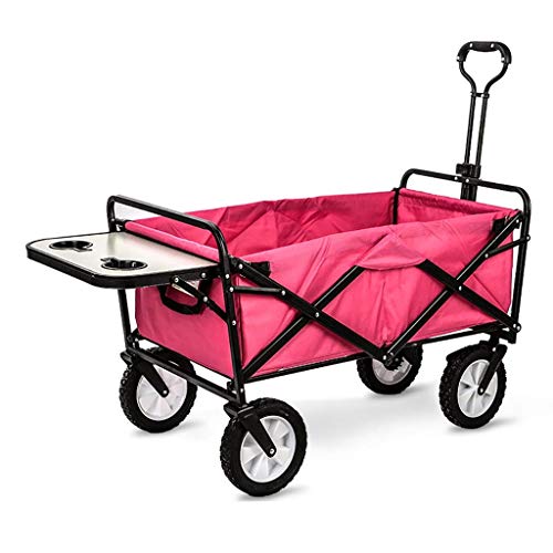 Folding Garden Trolley Cart Heavy Duty Wagon for Outdoor Camping Picnic Fishing Multi-Function Sping Cart with Table Board Load:80kg (Rose Red)