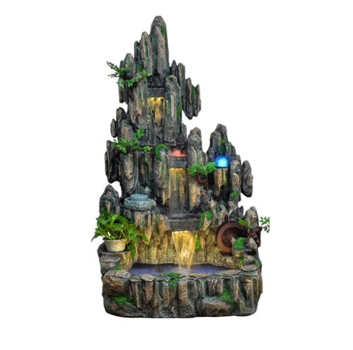 Mountain Waterfall Fountain with LED Lights and Bonsai Accents – Indoor/Outdoor Zen Water Feature for Home, Garden, or Office Decor(A)