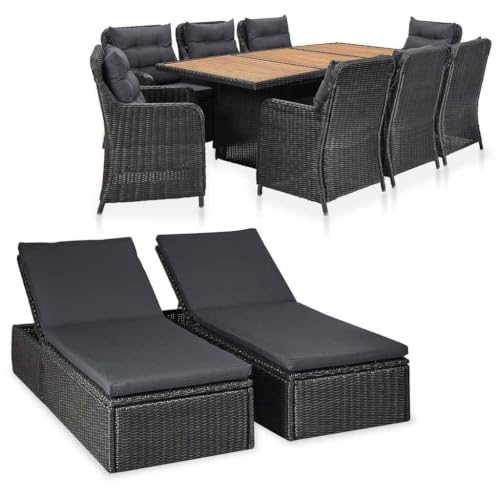LPERTGFHU 11 Piece Patio Dining Set with Poly Rattan Chairs and Sunloungers, Outdoor Furniture Set with Acacia Wood Table, Black