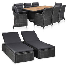 LPERTGFHU 11 Piece Patio Dining Set with Poly Rattan Chairs and Sunloungers, Outdoor Furniture Set with Acacia Wood Table, Black