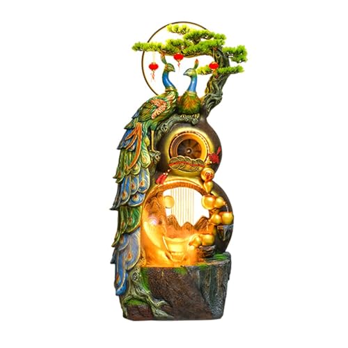 Floor Water Fountain Freestanding Water Fountain - In the Shape of a Fortune Gourd, Including Simulated Greenery, LED Lights and Crystal Ball, Modern Design for Home and Garden Decoration, Floor Stand
