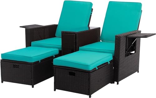 Patio PE Wicker Chaise Lounge, Outdoor Furniture Set, Adjustable Sun Pool Lounger, All Weather Backyard Conversation Seat, 5 Pieces Rattan Patio Furniture Set for Outside Sunbathing Camping Beach