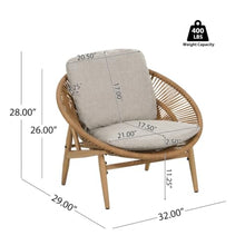 Papasan Style Faux Rattan Patio Lounge Chair w/Removable Cushions for Garden, All Weather Outdoor Accent Chair w/Ergonomic Curved Backrest & Wood Textured Iron Frame for Porch (Set of 2)