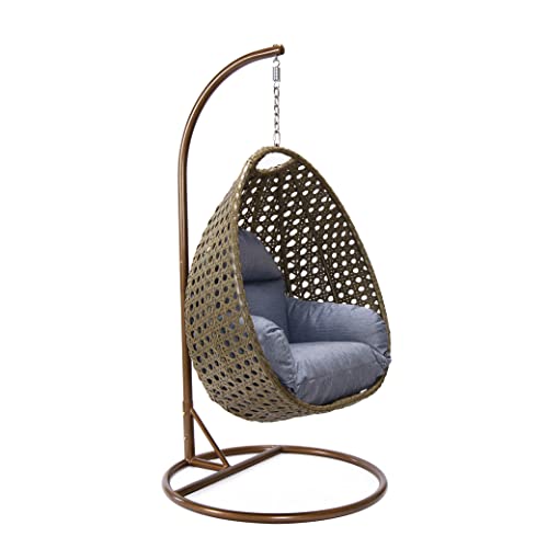 LeisureMod Wicker Rattan Hanging Egg Swing Chair with Stand & Cushion - Charcol Blue Swing Chair for Indoor/Outdoor, Patio, Bedroom, Lounge Seat