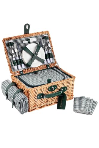 4 Person Picnic Basket Hand-Woven Wicker Picnic Set with Green Gingham Lining and Insulated Compartment - 25.6 x 13 x 9.8 inches - Brown