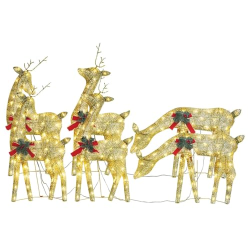 6-Piece Christmas Reindeer Set, Lighted Gold Fabric Holiday Decoration with LED Lights, Indoor Outdoor Display for Lawn Garden Decor, USB Powered Festive Figurine Collection