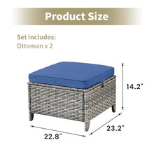 Seeheool Outdoor PE Wicker Ottomans Set of 2, Patio Gray Rattan Footrests with Blue Cushions for Backyard or Deck