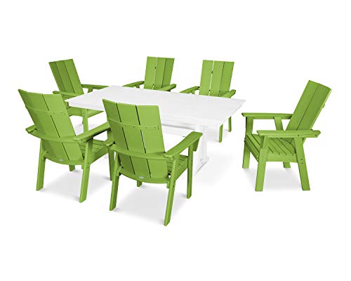 POLYWOOD® Modern Curveback Adirondack 7-Piece Farmhouse Dining Set with Trestle Legs in Lime/White