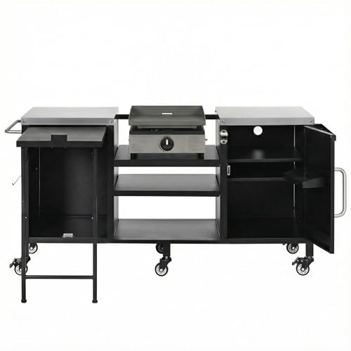 WZONICE98 72.4" Outdoor Kitchen Island, Grill Cart with Fold-Out Prep Table and Adjustable Shelves Outdoor Grill Station with Storage Cabinet Stainless Steel Top Black