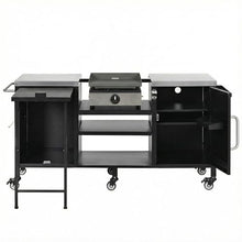 WZONICE98 72.4" Outdoor Kitchen Island, Grill Cart with Fold-Out Prep Table and Adjustable Shelves Outdoor Grill Station with Storage Cabinet Stainless Steel Top Black