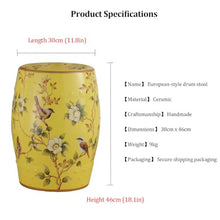 Labasuan Yellow Ceramic Garden Stool, Round Decorative Side Table with Floral Bird Design, Hand-Painted, Waterproof Durable Plant Stand & Extra Seating, for Indoor Outdoor Patio, Living Room