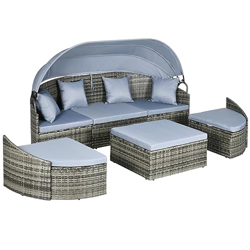 YWMLFZ Convertible Rattan Daybed Sectional Outdoor Sofa with Adjustable Sun Canopy for Balcony Gardens