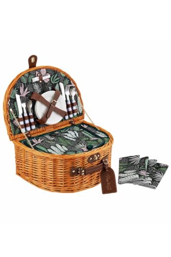 Wicker Picnic Basket Set for 4 People with Leaf Pattern, Insulated Wood Material, Appropriate for Outdoor Activities, Family Gatherings, and Nature Walks, Brown Color, Standard Size
