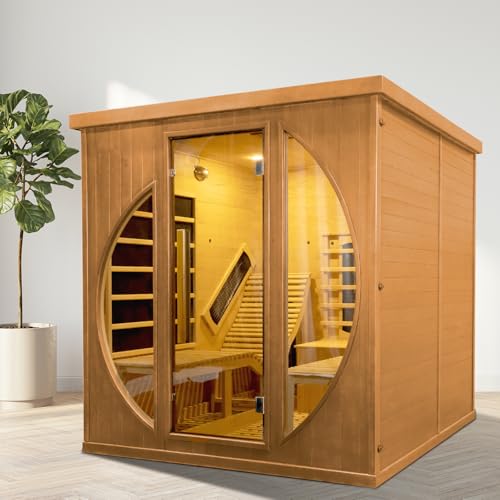 AURGOD Far Infrared Wooden Sauna, Luxurious Canadian Hemlock Sauna with 2 Oversize Recliners, 220V, 3400 W, 9 Heating Element, Bluetooth Speakers, 7 Color Light, Oxygen Bar-Fast Delivery