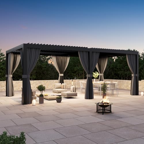 Big Leaf 10'x20' Louvered Pergola with USB Charging Station - Outdoor Aluminum Pergola with Built-in Drainage, Privacy Netting & Weatherproof Curtains, Patio Cover for Deck, Easy Assembly, Black