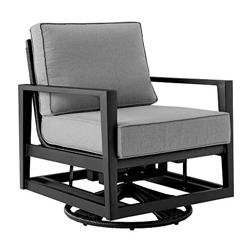 Armen Living Grand Black Aluminum Outdoor Swivel Glider Chair with Dark Gray Cushions