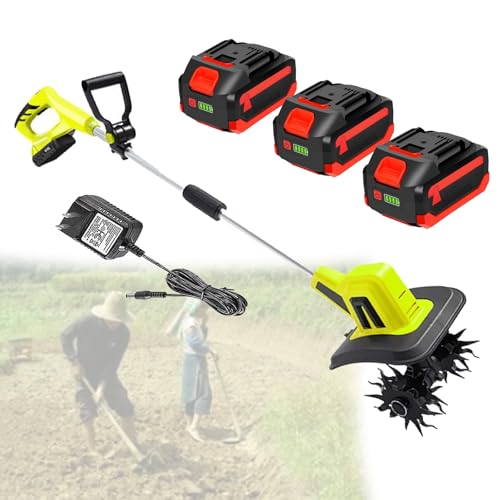 Electric Garden Tiller, Cultivator Rototiller with 2/4 Blades, 10.5/25cm Working Width, 25/22cm Depth, 3×4000 mAh Battery for Gardens, Vegetable Patches (B)