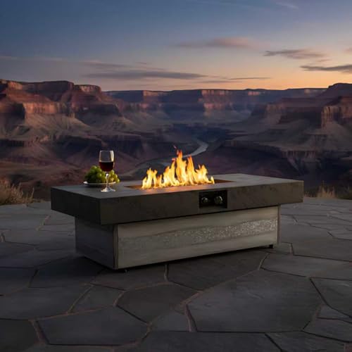 Outdoor Propane Fire Pit Table Rectangular Patio Fireplace with Removable Lid, 50000 BTU Gas Fire Table, Electronic Ignition, Adjustable Base, Glass Stones, Steel Burner for Backyard Deck Garden
