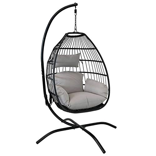 Sunnydaze Delaney Black Resin Wicker Hanging Egg Chair with Powder-Coated Steel Stand - Gray Polyester Cushions - 81 Inches H