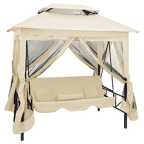 FMPGJLYH Gazebo Swing Bench with Canopy and Curtains, Cream White Outdoor Patio Bed with Pillows, Convertible Seat for Garden and Porch