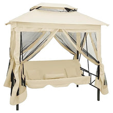 FMPGJLYH Gazebo Swing Bench with Canopy and Curtains, Cream White Outdoor Patio Bed with Pillows, Convertible Seat for Garden and Porch
