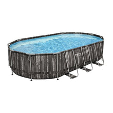 Bestway Power Steel Oval Metal Frame Above Ground Swimming Pool Set Gray Wood Print